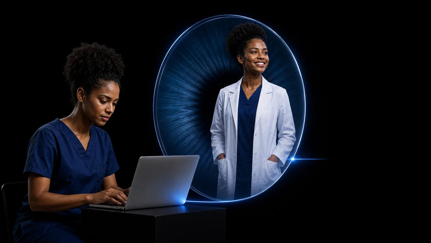 Interna diante da médica que ela está se tornando, separadas por um anel de luz