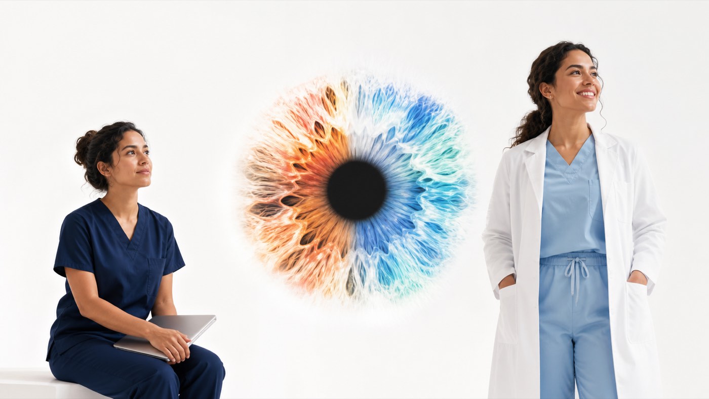 Interna de pijama cirúrgico sentada com um laptop e médica de jaleco branco em pé, separadas por uma íris colorida