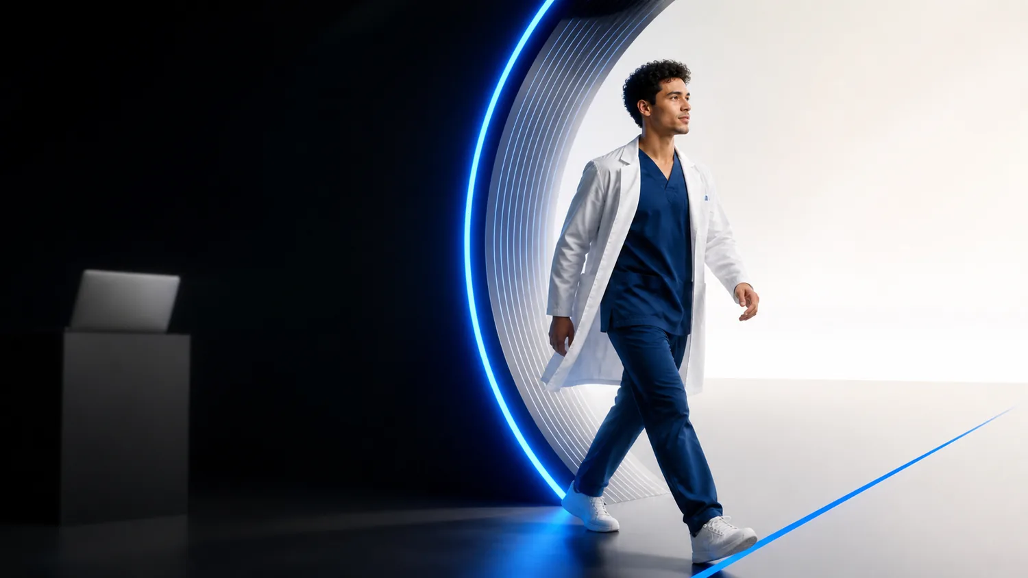 Médico atravessando um arco de luz