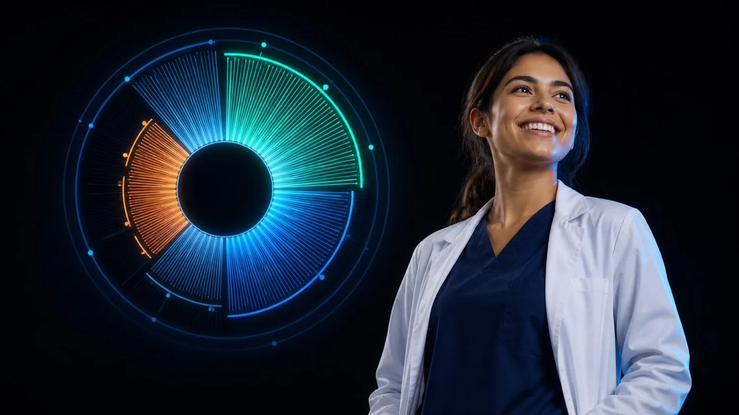 Médica ao lado da leitura radial da íris, com setores em verde, azul e laranja